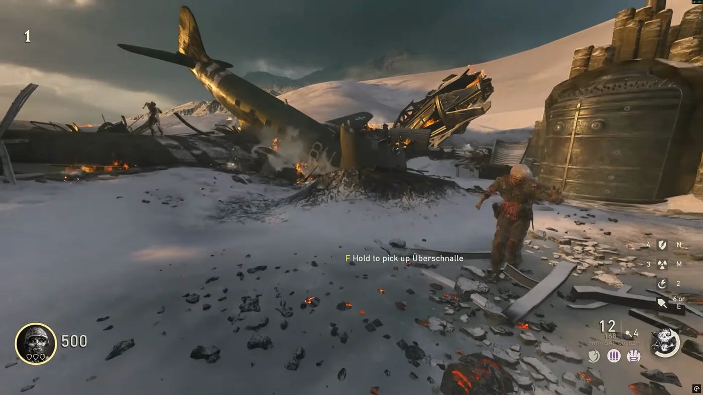 The broken aircraft of the crew in the snow of the Crash Site, next to a Thulian Transport, The Frozen Dawn, Call of Duty WWII Zombies