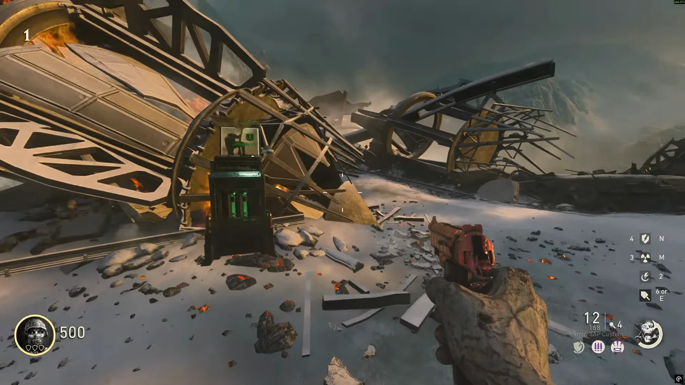 The Lebenblitz machine on a burning engine of the wreck, Crash Site, The Frozen Dawn, Call of Duty WWII Zombies