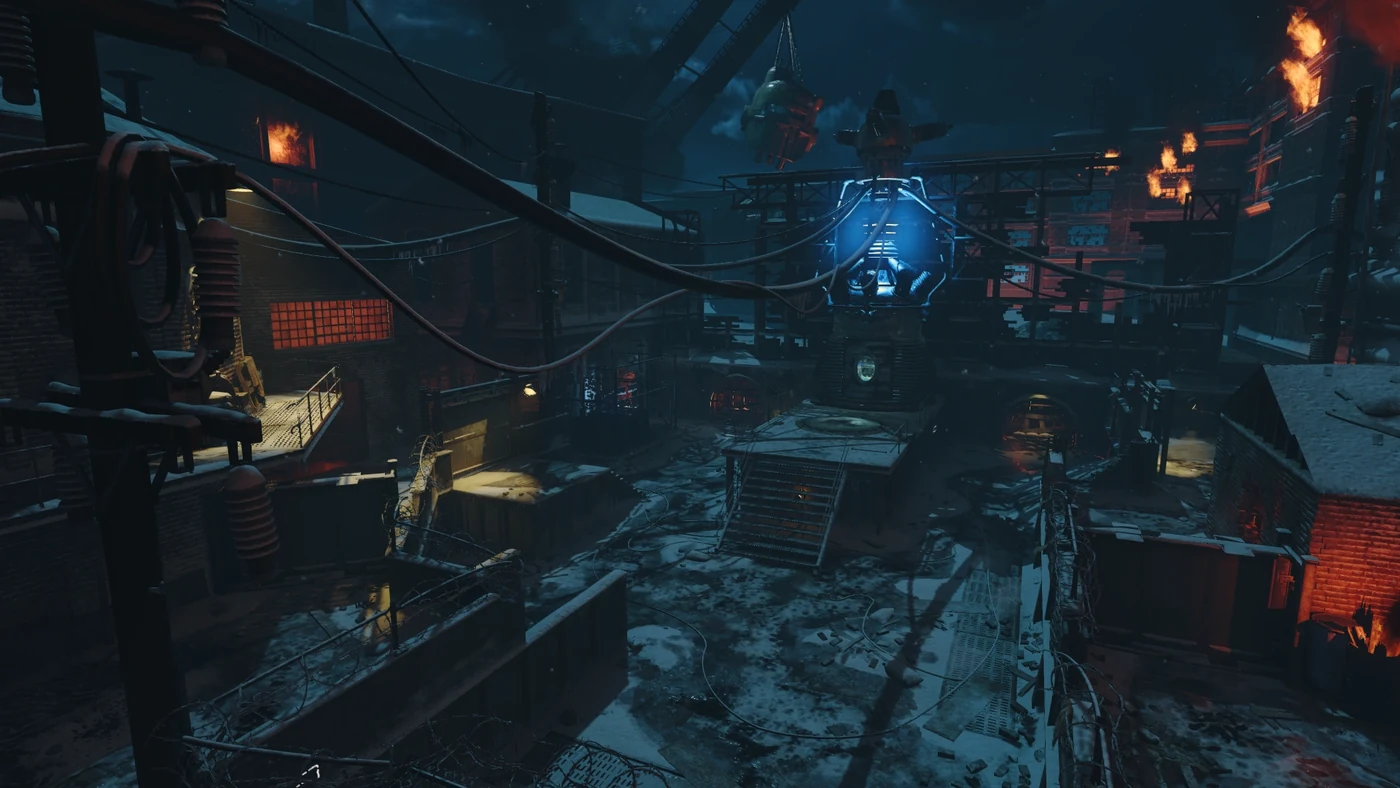 The starting courtyard in the snow, with the mainframe glowing blue at the back, The Giant, Call of Duty Black Ops III Zombies