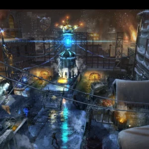 Concept art of the snowy factory courtyard and its glowing mainframe, The Giant, Call of Duty Black Ops III Zombies