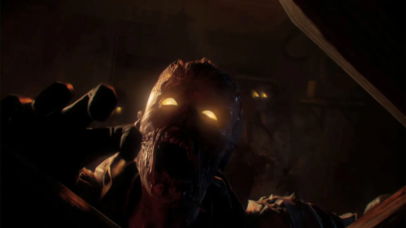 A zombie with glowing eyes breaking through a barrier, intro cinematic, The Giant, Call of Duty Black Ops III Zombies