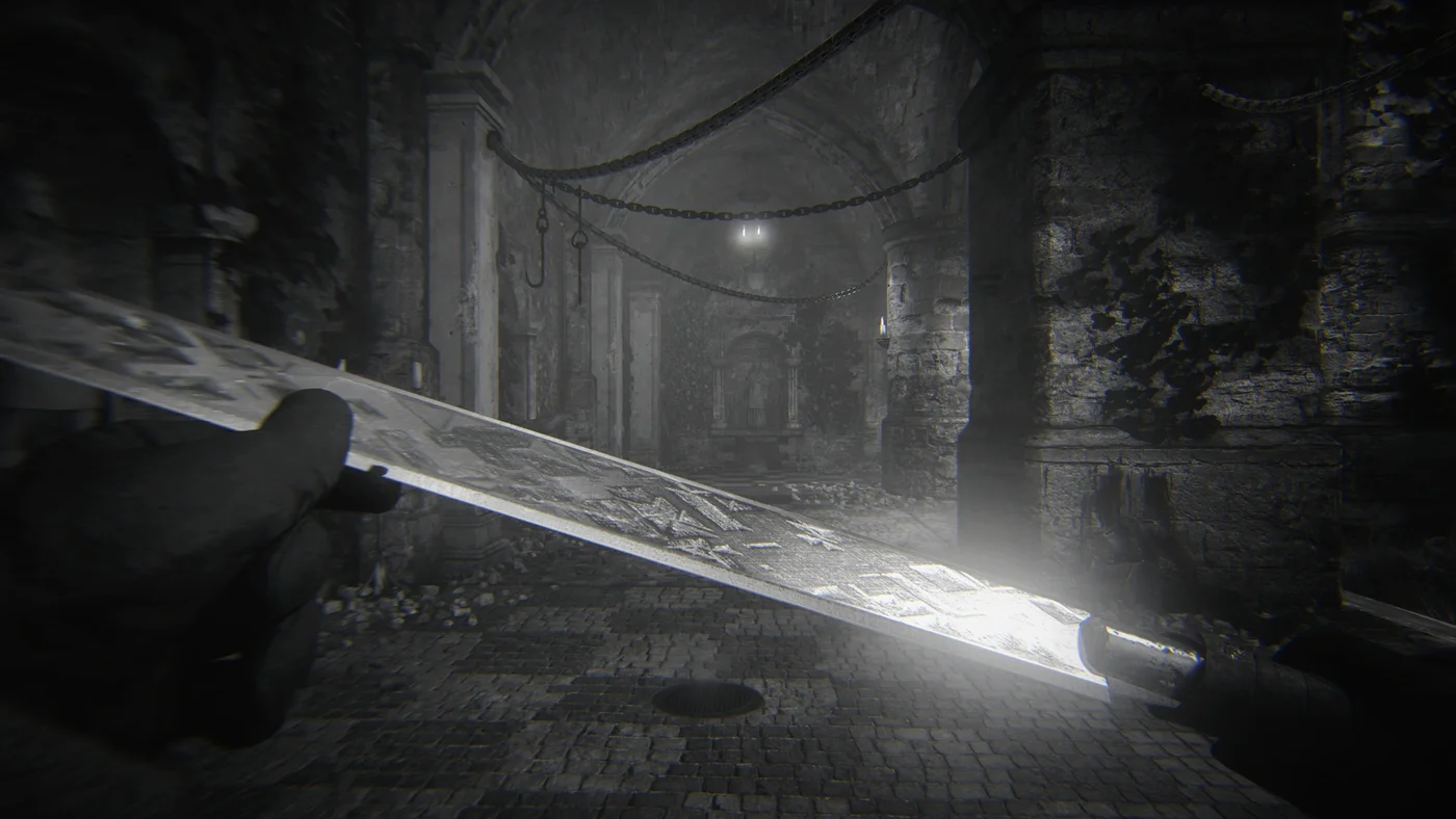 The Blade of Barbarossa held up, black and white achievement art, The Shadowed Throne, Call of Duty WWII Zombies