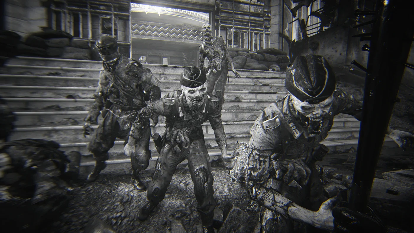 A player swinging the spiked bat at a zombie, black and white achievement art, The Shadowed Throne, Call of Duty WWII Zombies