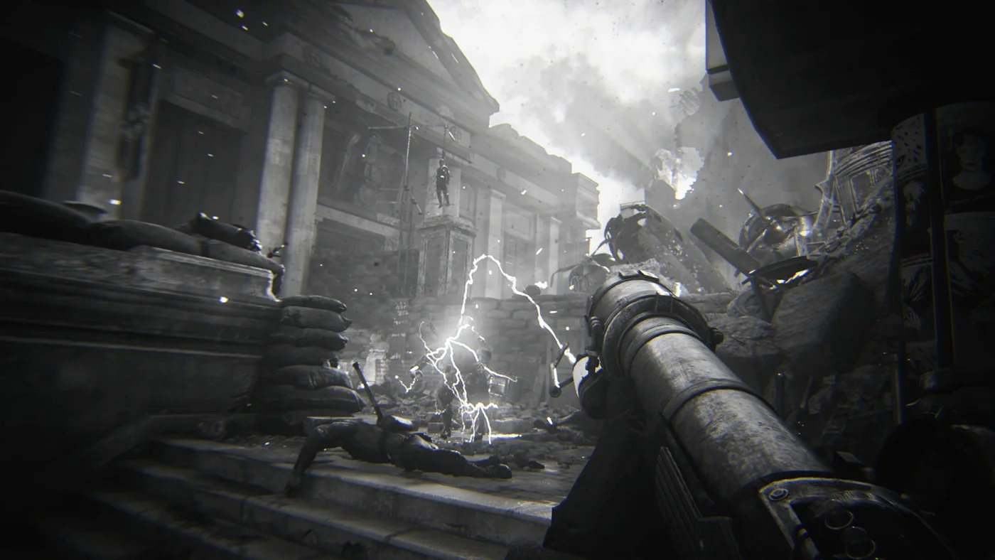 A player firing the Wunderbuss at a zombie, black and white achievement art, The Shadowed Throne, Call of Duty WWII Zombies