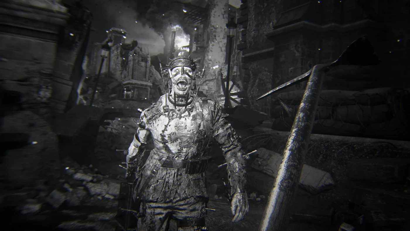 A Wüstling facing a player who holds an axe, black and white achievement art, The Shadowed Throne, Call of Duty WWII Zombies