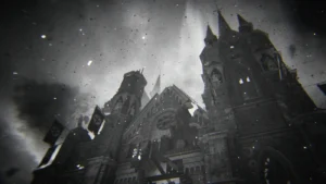 The facade of the Church under a dark sky, black and white achievement art, The Shadowed Throne, Call of Duty WWII Zombies