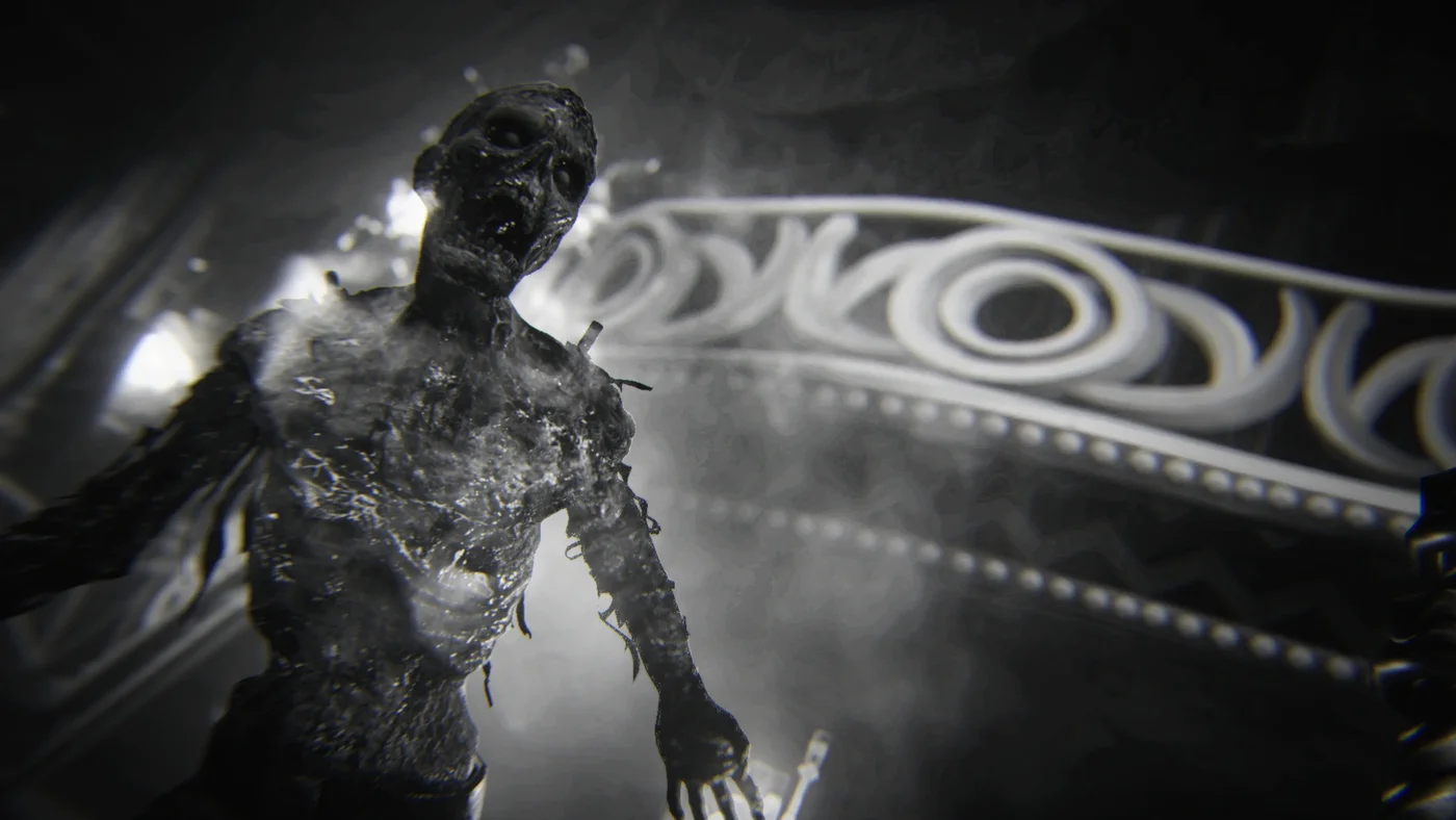 A Gekocht on the stage of the Cabaret, black and white achievement art, The Shadowed Throne, Call of Duty WWII Zombies
