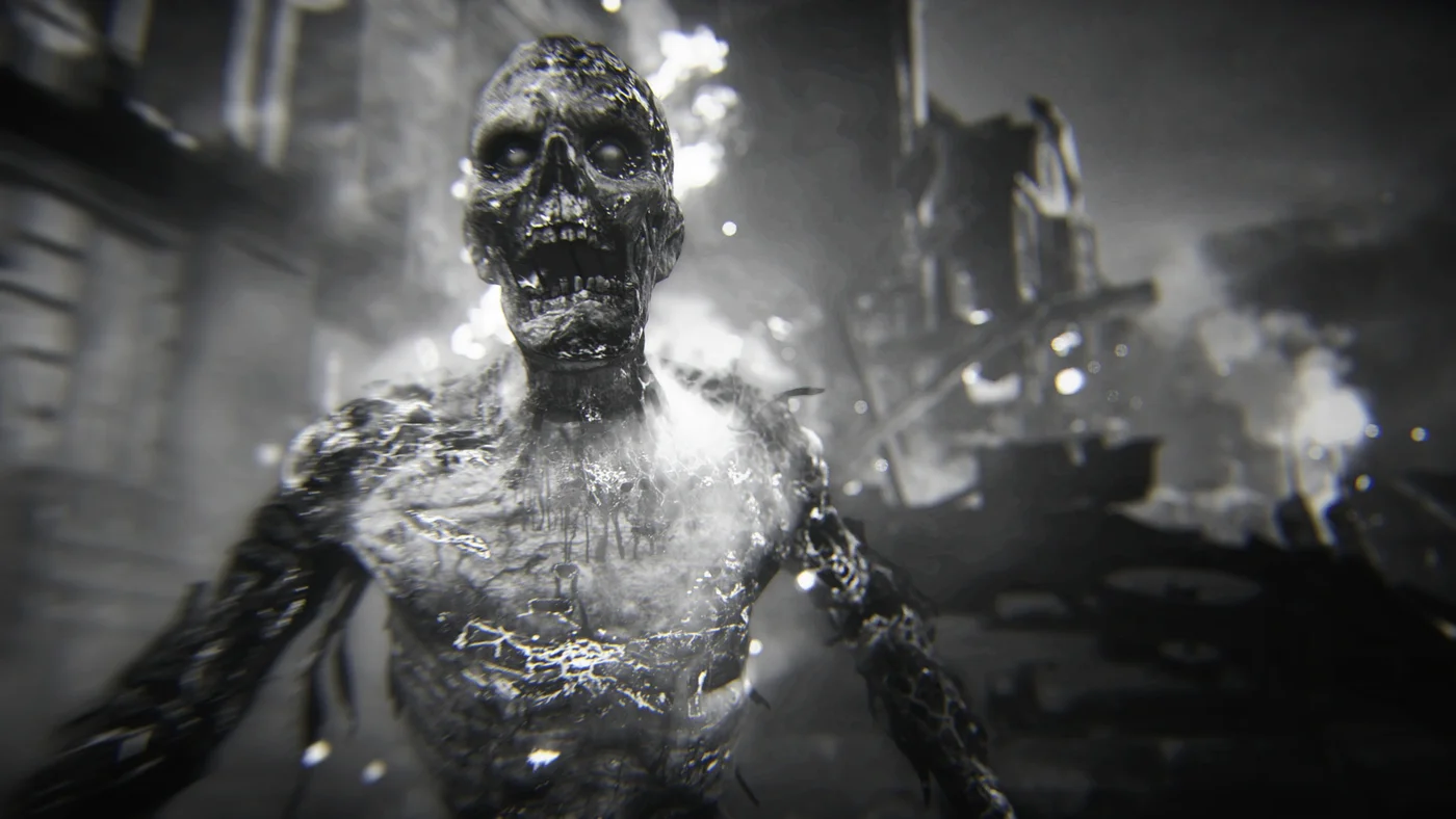 A Gekocht screaming in the ruins, black and white achievement art, The Shadowed Throne, Call of Duty WWII Zombies
