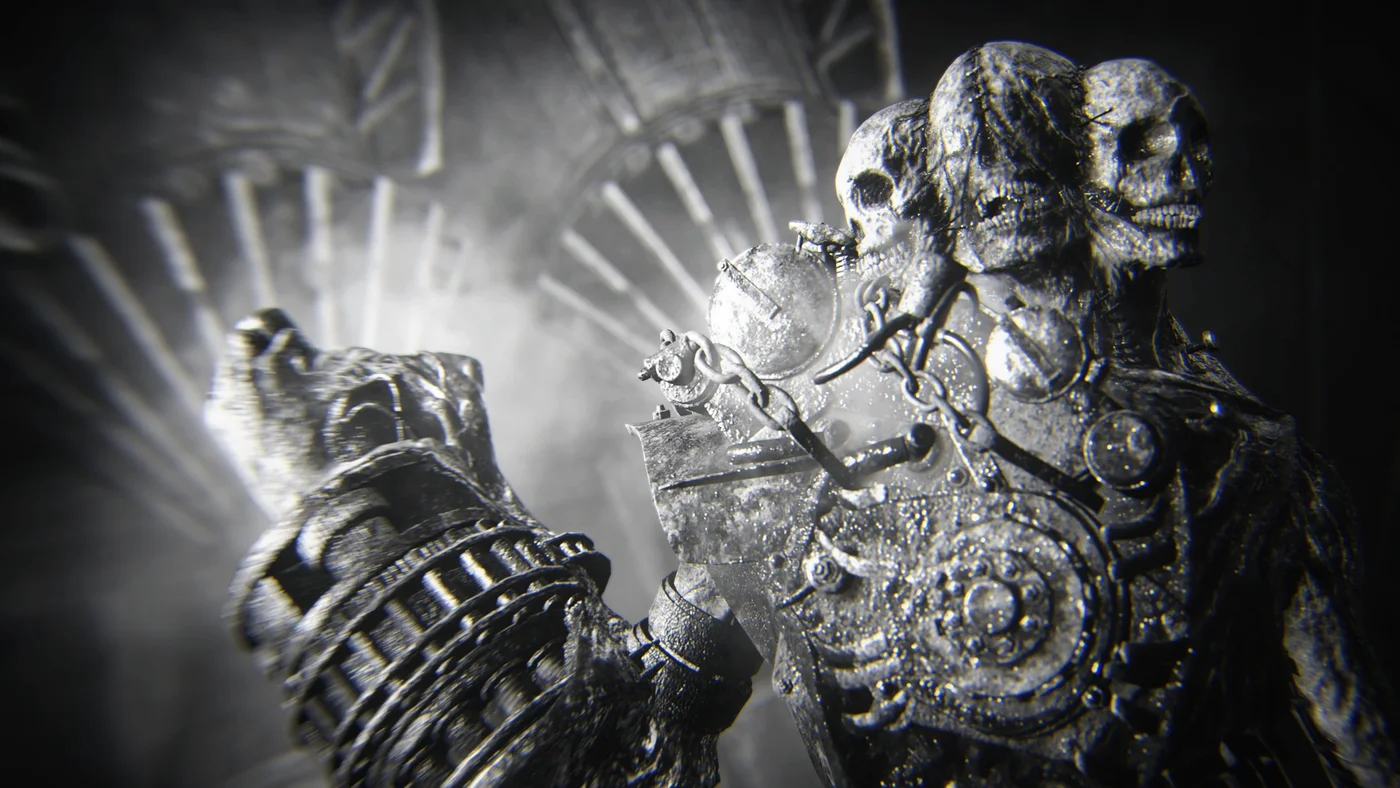 The Stadtjäger raising its Geistkraft cannon, its three heads lit from behind, black and white achievement art, The Shadowed Throne, Call of Duty WWII Zombies