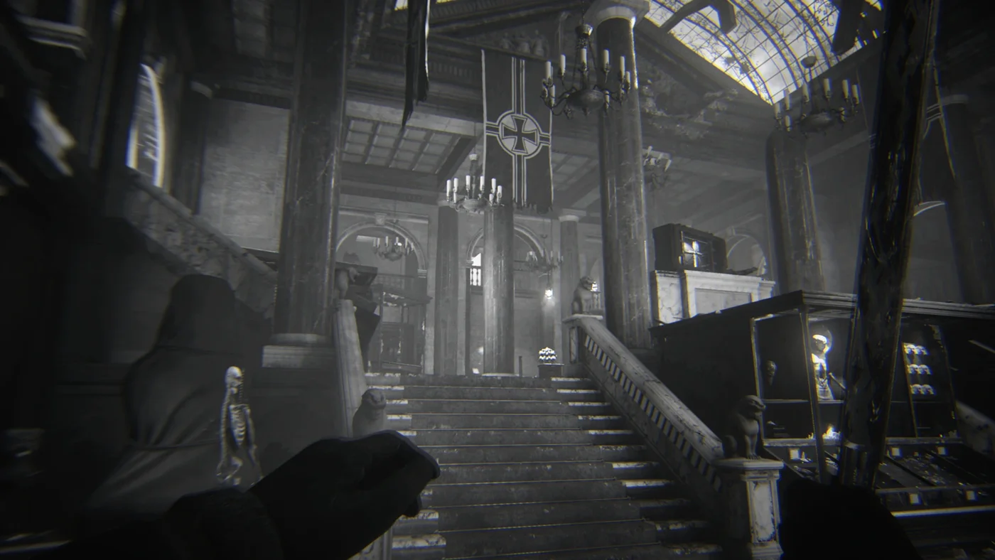 The great staircase of the Museum, black and white achievement art, The Shadowed Throne, Call of Duty WWII Zombies