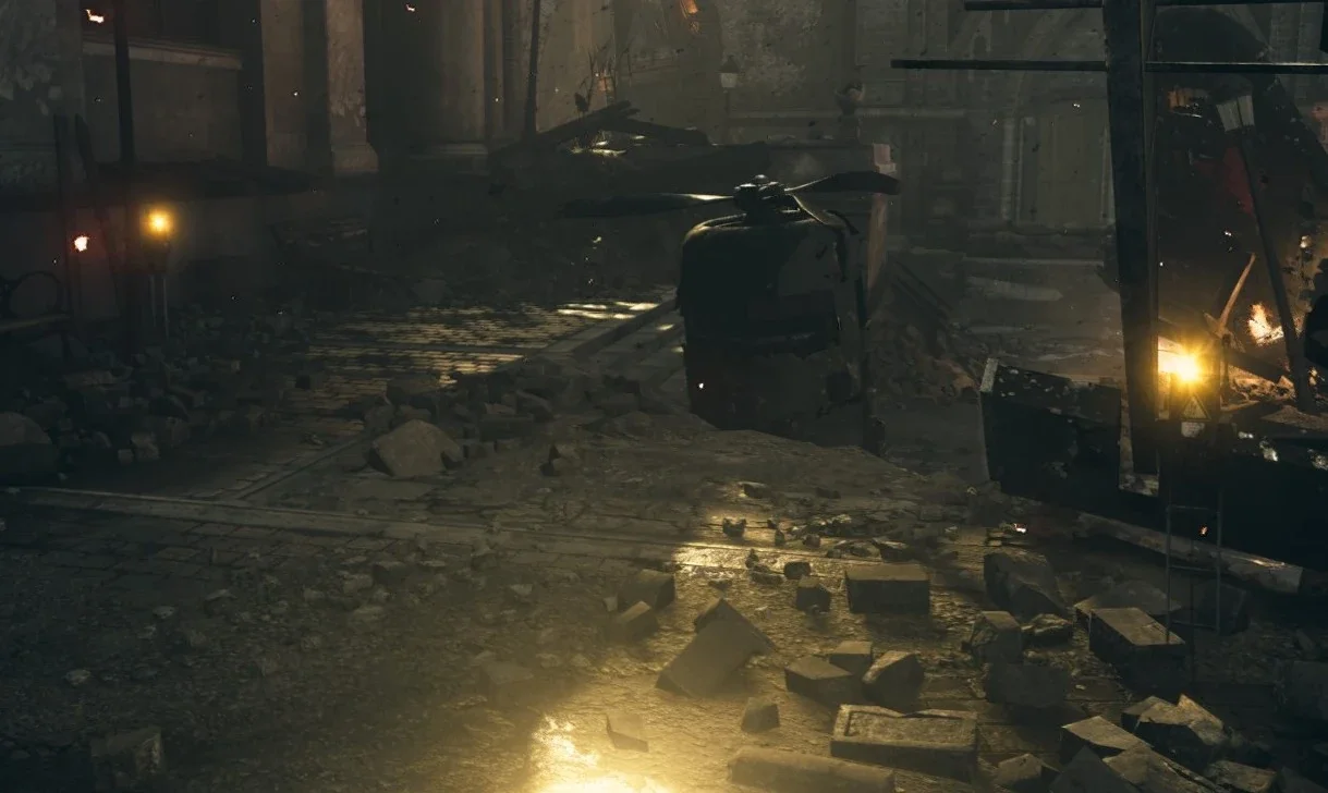 The propeller of the crashed bomber in the Plaza, between two lit electrical boxes, The Shadowed Throne, Call of Duty WWII Zombies