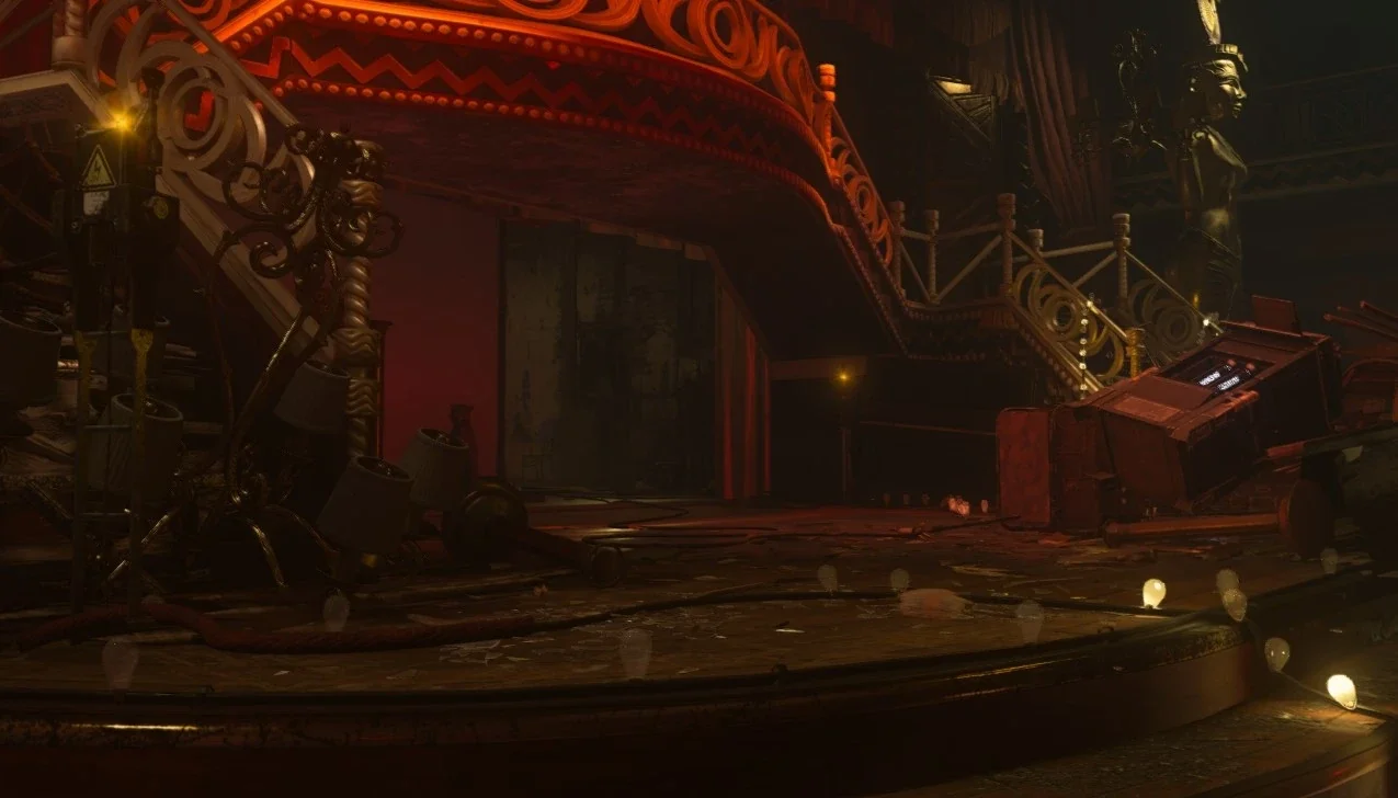 The stage of the Cabaret with the pile of broken Blitz machines in front of it, The Shadowed Throne, Call of Duty WWII Zombies