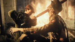 Drostan Hynd driving the Blade of Barbarossa into a zombie, cinematic, The Shadowed Throne, Call of Duty WWII Zombies