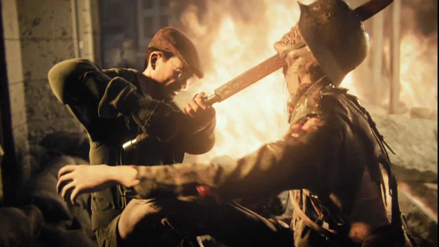 Drostan Hynd driving the Blade of Barbarossa into a zombie, cinematic, The Shadowed Throne, Call of Duty WWII Zombies
