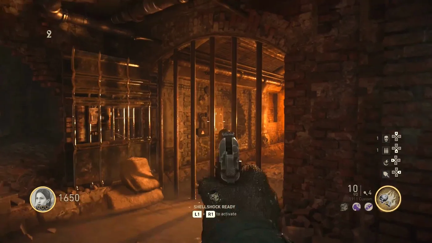 The caged-off tunnel of the Underbelly, with the fuse box on the wall behind the bars, The Shadowed Throne, Call of Duty WWII Zombies