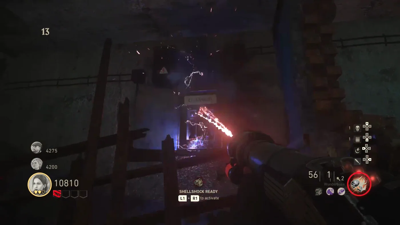 The beam of the Wunderbuss charging the fuse box on a wall of the Destroyed Building, The Shadowed Throne, Call of Duty WWII Zombies