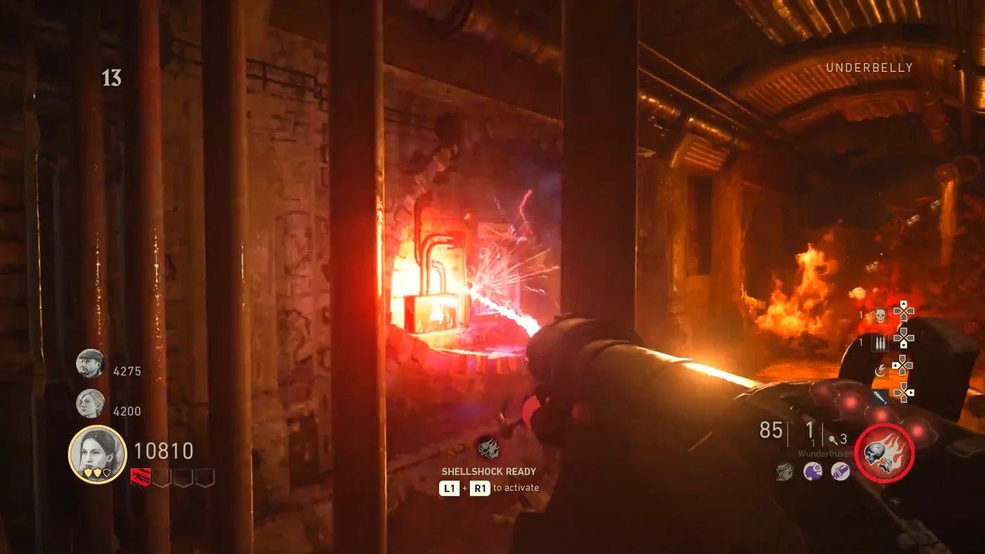 The beam of the Wunderbuss charging the fuse box of the Underbelly behind the bars, The Shadowed Throne, Call of Duty WWII Zombies