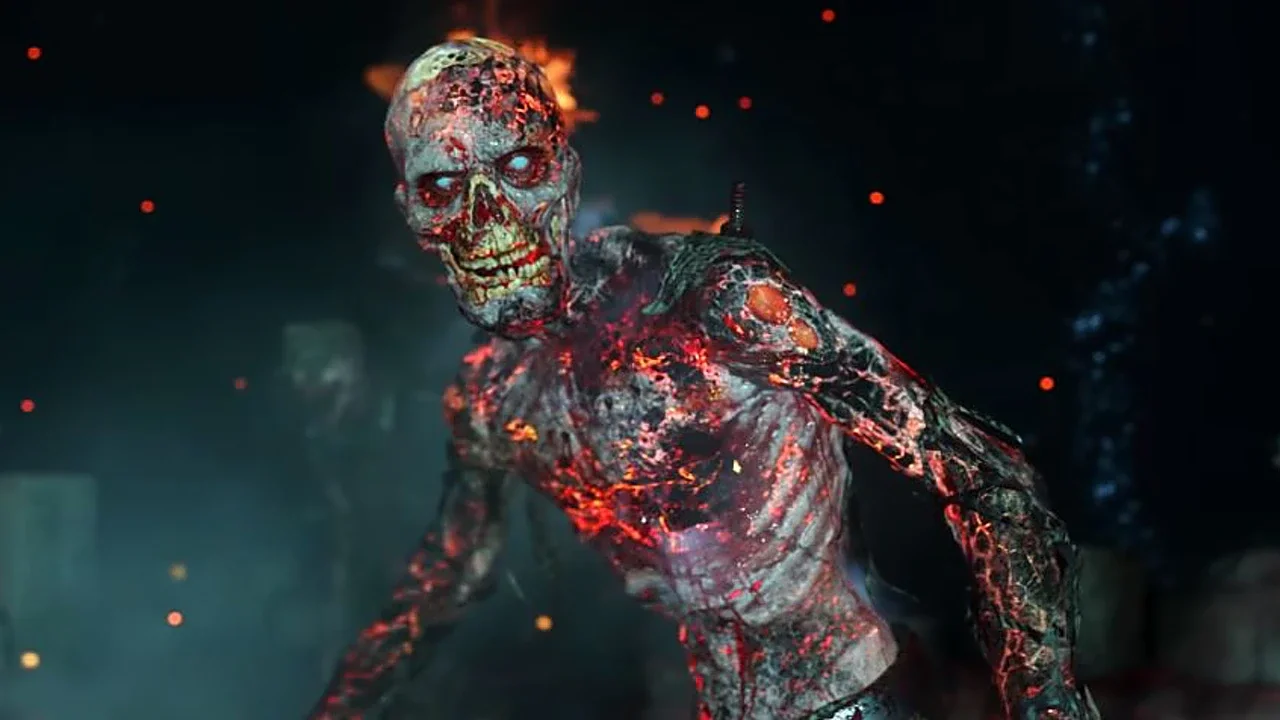 A Gekocht with burning cracks across its body, its mouth glowing with fire, The Shadowed Throne, Call of Duty WWII Zombies