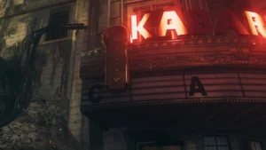 The Kabarett sign over Main Street, with the empty noose and the letter dial of the hangman game, The Shadowed Throne, Call of Duty WWII Zombies
