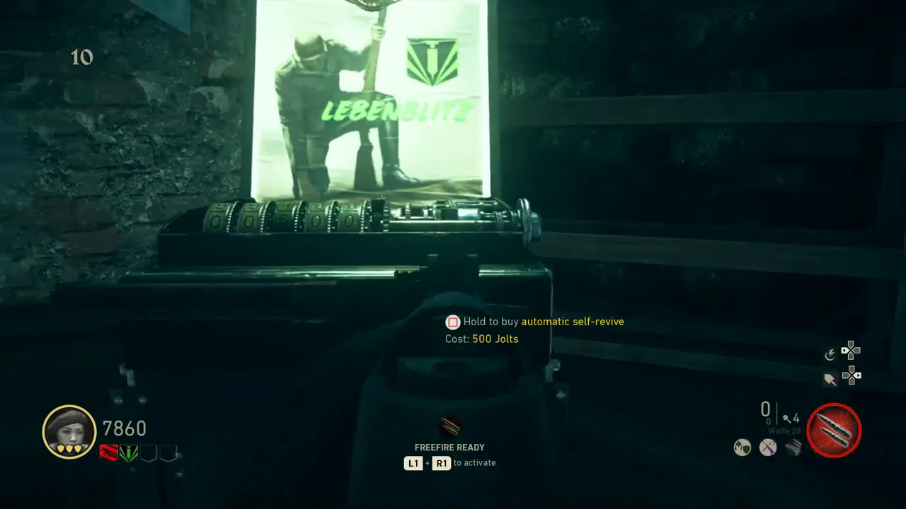 The Lebenblitz machine with its green poster under a golden eagle, with the 500-Jolt self-revive prompt, The Shadowed Throne, Call of Duty WWII Zombies
