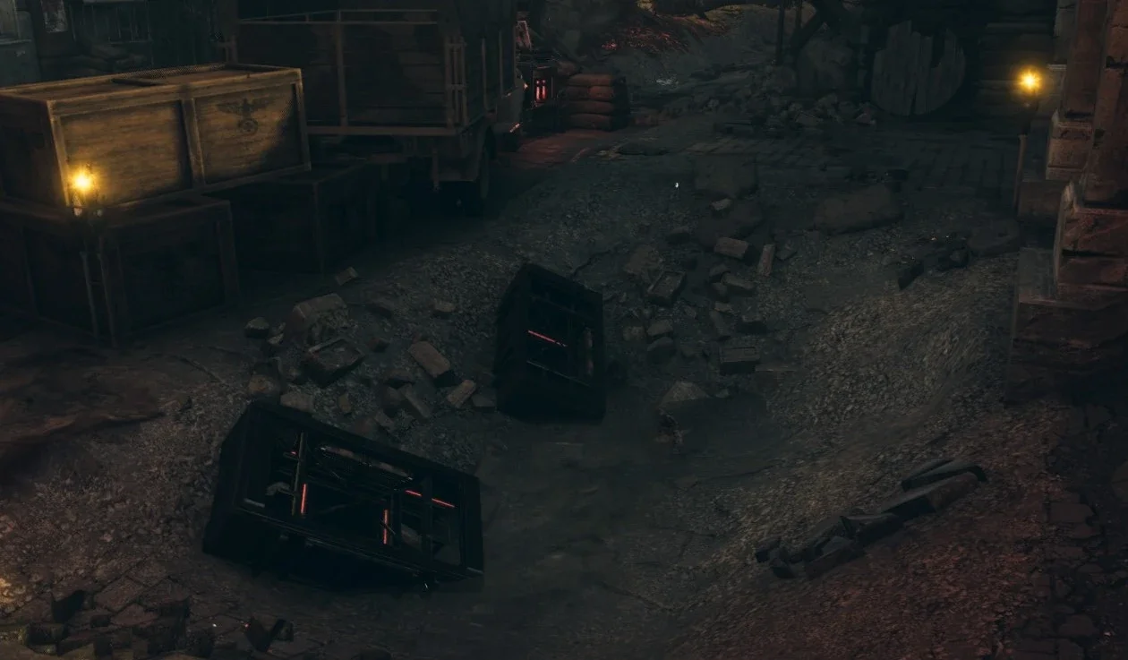 The electrical boxes of the Puddle Trap in the crater of Main Street, The Shadowed Throne, Call of Duty WWII Zombies