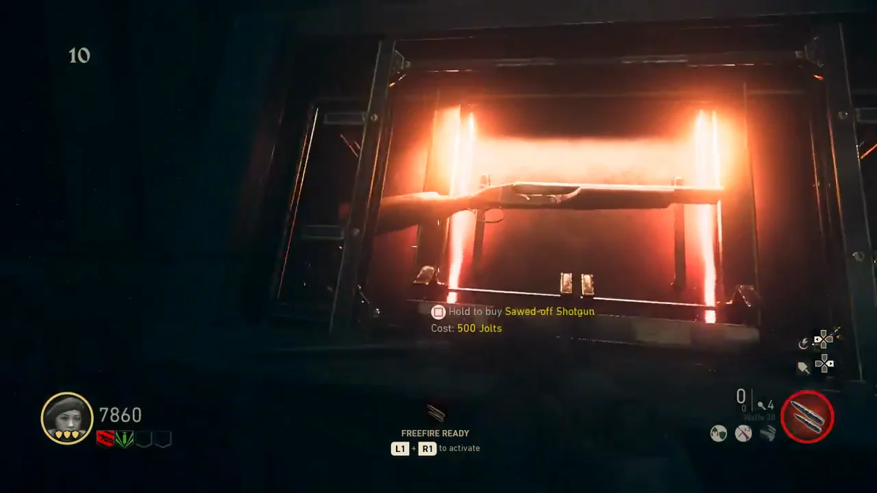 The weapon locker of the Sawed-off Shotgun glowing red, with its 500-Jolt price on screen, The Shadowed Throne, Call of Duty WWII Zombies