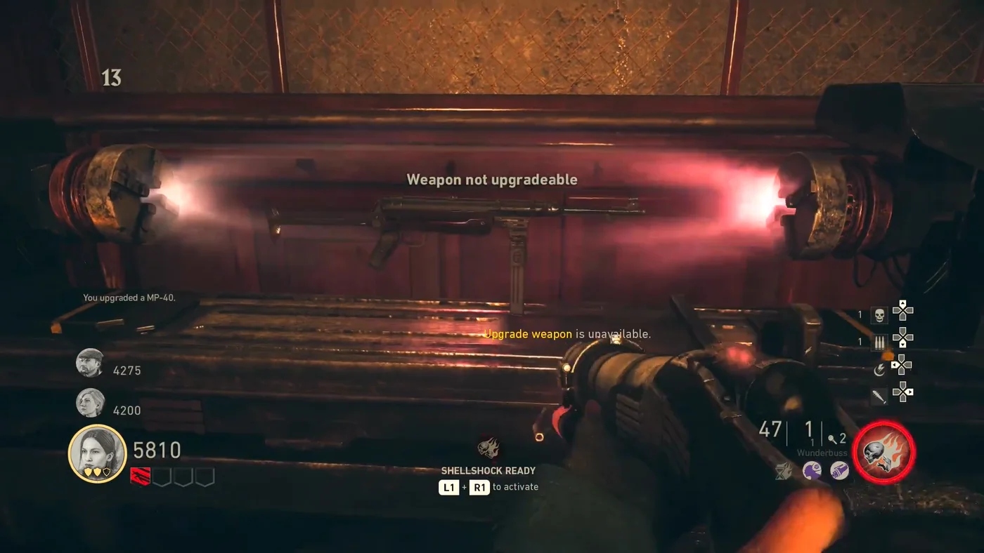The Ubersprengen in its elevator, upgrading an MP-40 between two glowing coils, The Shadowed Throne, Call of Duty WWII Zombies