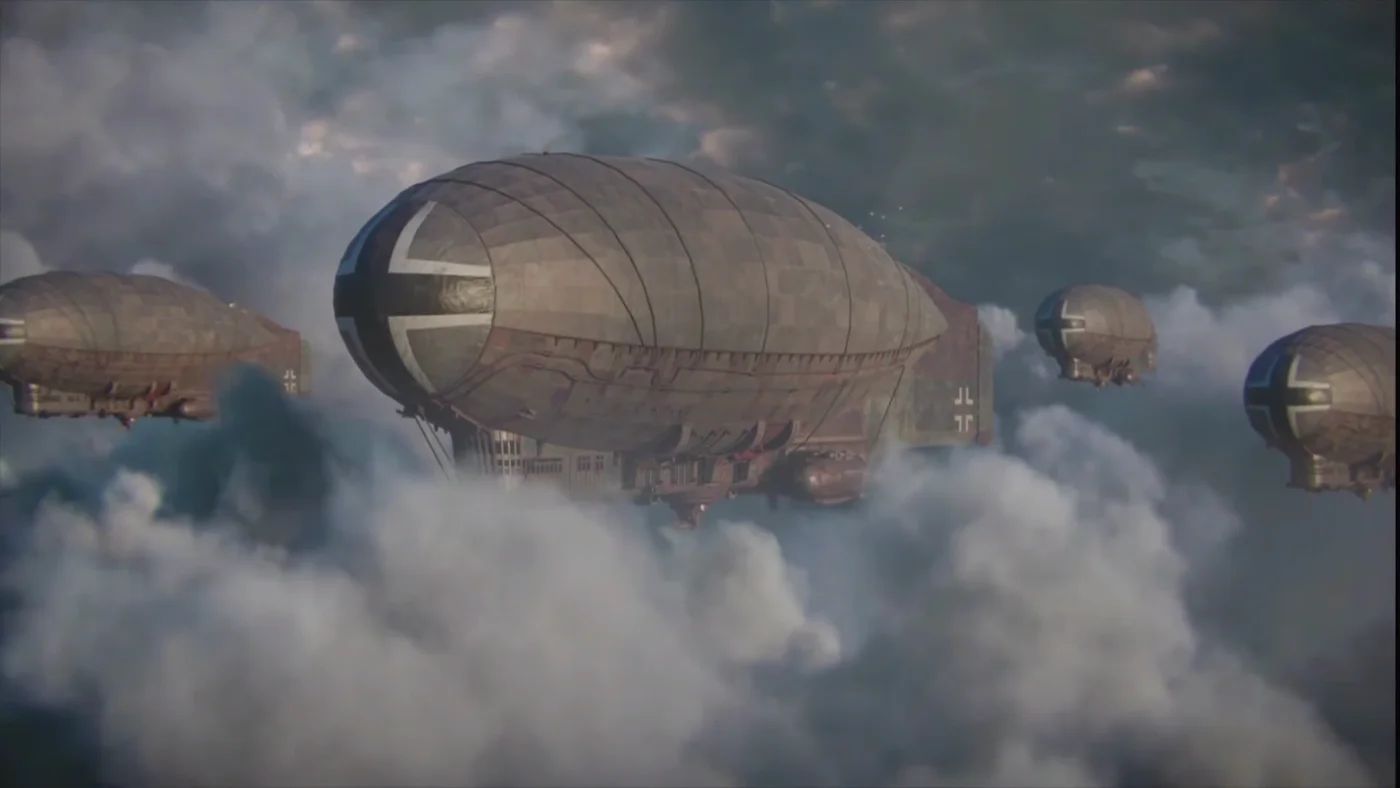The zeppelin fleet of Straub flying above the clouds towards Berlin, cinematic, The Shadowed Throne, Call of Duty WWII Zombies
