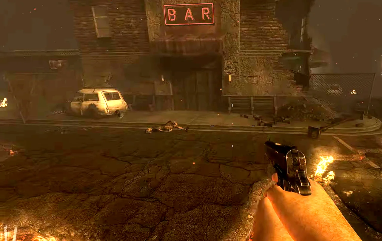 The bar and its red BAR sign across the street in Town, Call of Duty Black Ops II Zombies
