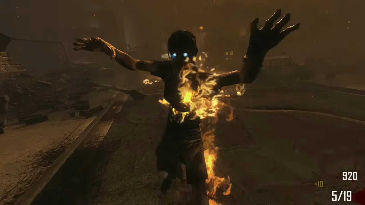 A burning zombie walking down the street in Town, Call of Duty Black Ops II Zombies