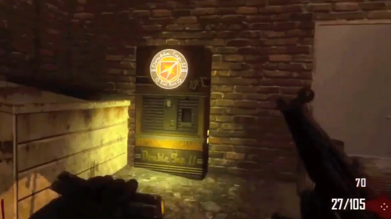 The Double Tap Root Beer machine against the brick wall of the back alley in Town, Call of Duty Black Ops II Zombies