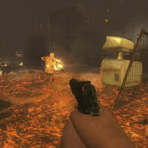 A burning zombie crossing the lava pit, the Pack-a-Punch by the fence in Town, Call of Duty Black Ops II Zombies