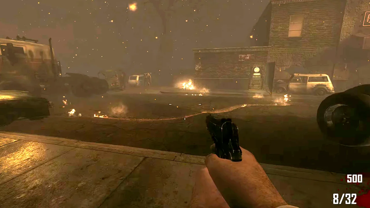 Glowing lava cracks running across the street toward the bar in Town, Call of Duty Black Ops II Zombies