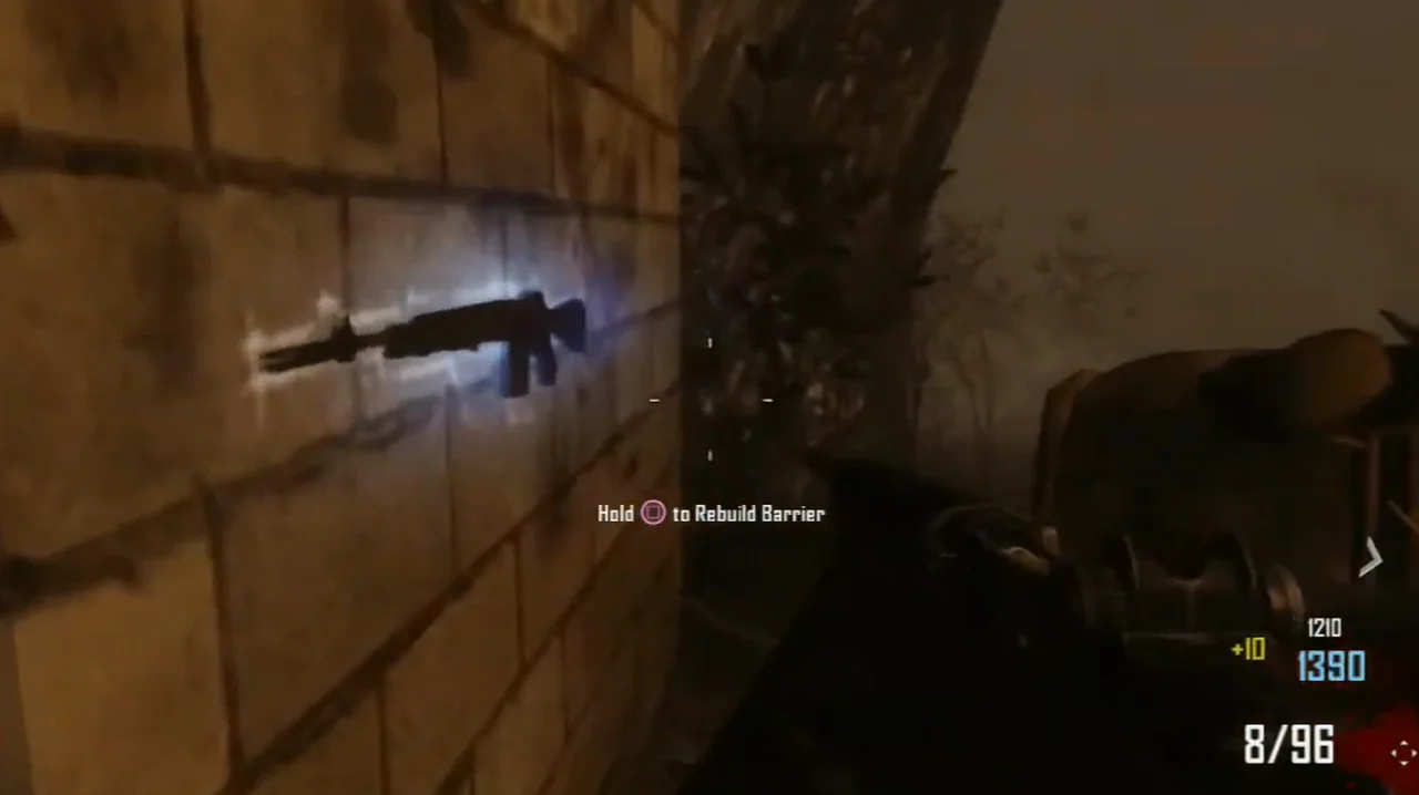 The M14 glowing on its chalk drawing on the stone wall of the bank in Town, Call of Duty Black Ops II Zombies