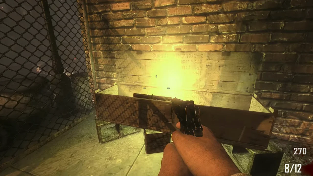 The Mystery Box open against the brick wall of the back alley in Town, Call of Duty Black Ops II Zombies