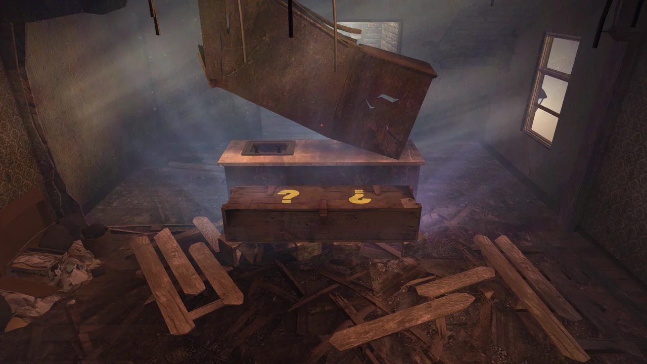 The Mystery Box under a broken roof, light falling through the window in Town, Call of Duty Black Ops II Zombies