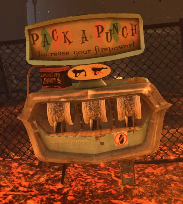The Pack-a-Punch machine of Town, a makeshift machine on a table over the lava, Call of Duty Black Ops II Zombies