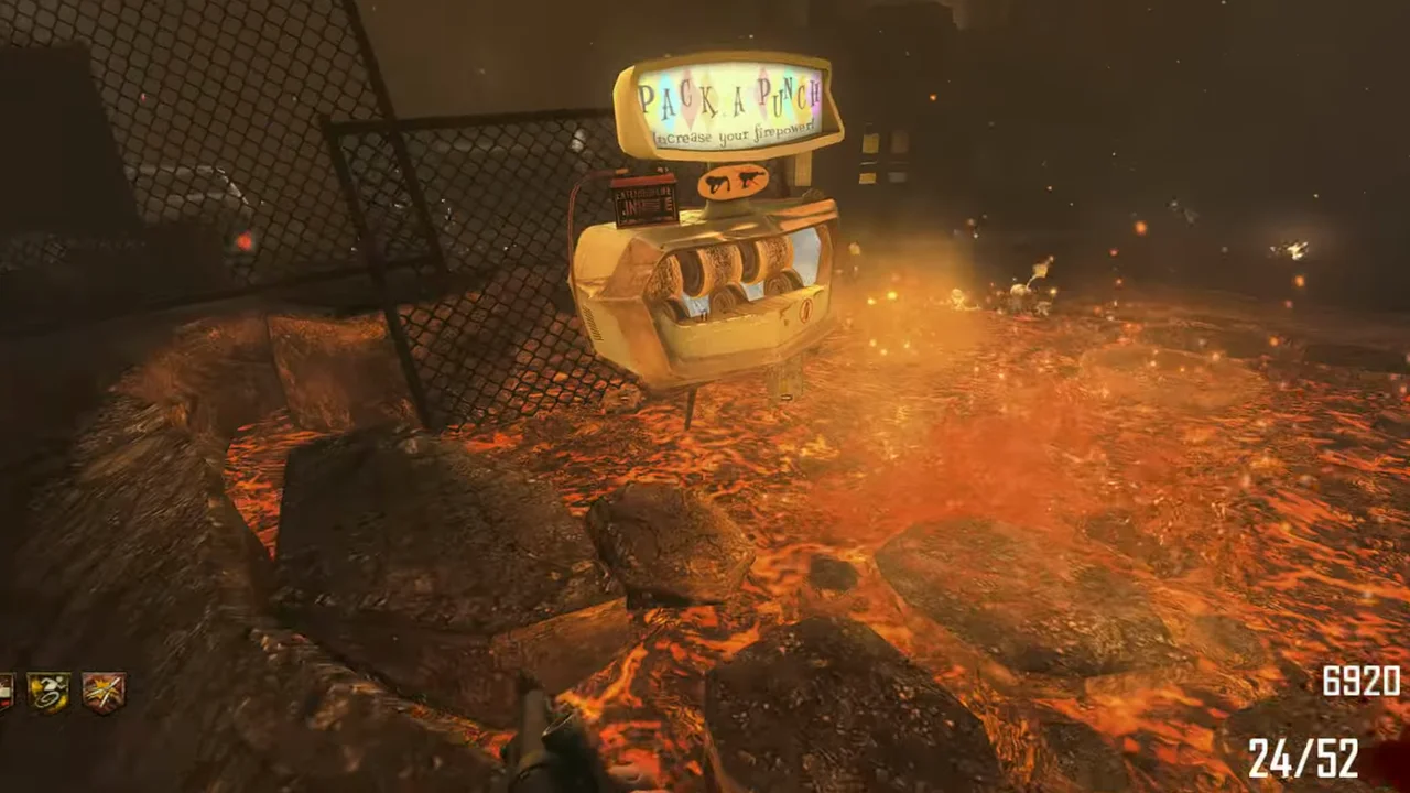 The Pack-a-Punch machine standing in the lava pit by the fence in Town, Call of Duty Black Ops II Zombies