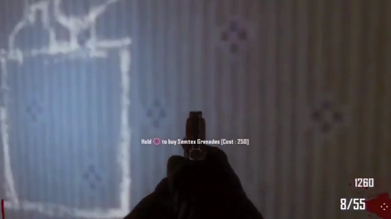 The Semtex chalk drawing on the wallpaper of the Rare Book Store, Hold to buy Semtex Grenades, Cost 250 in Town, Call of Duty Black Ops II Zombies