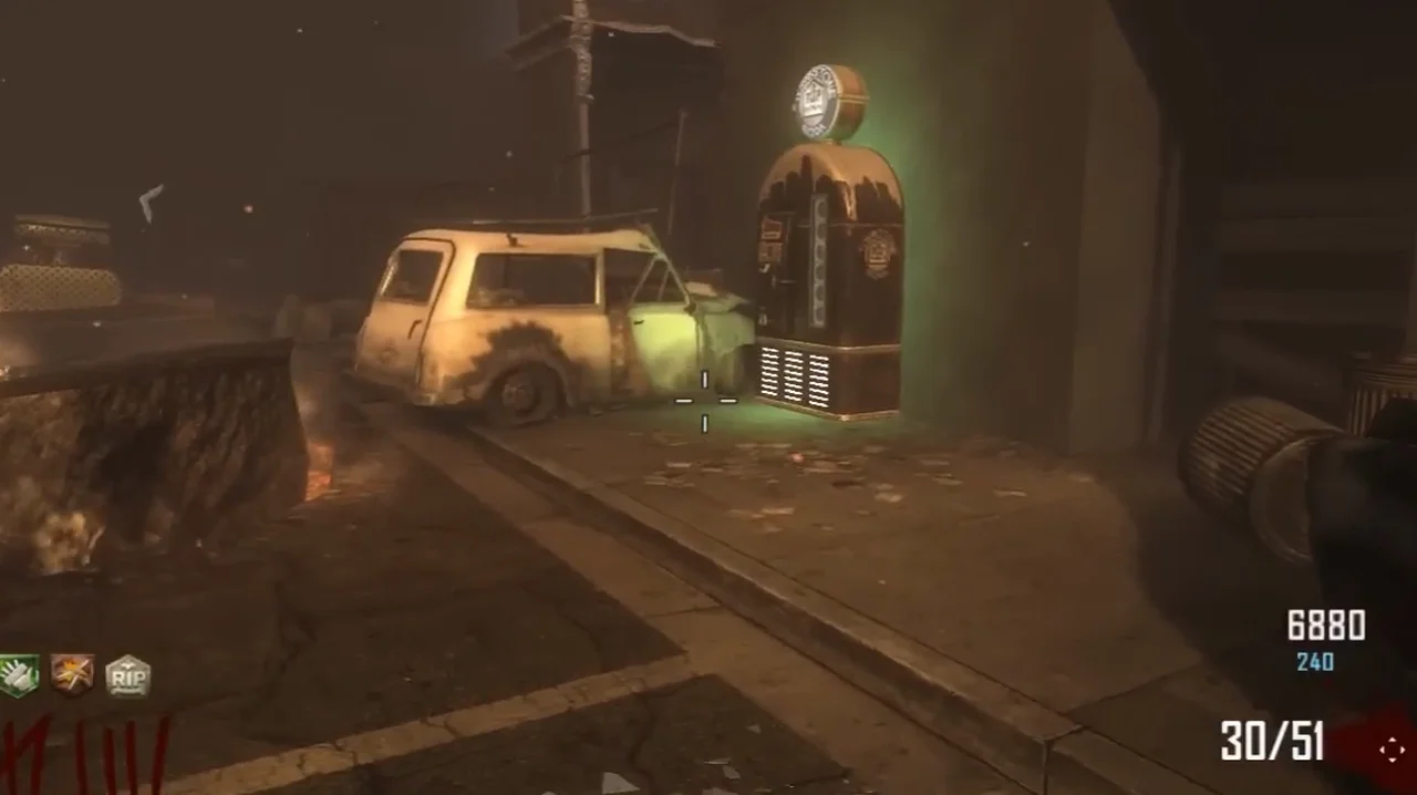 The Tombstone Soda machine beside a wrecked car in the street in Town, Call of Duty Black Ops II Zombies
