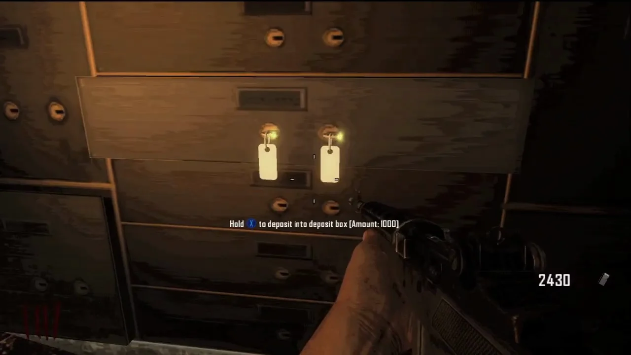 The deposit box in the bank vault, prompt Hold to deposit into deposit box, Amount 1000 in TranZit, Call of Duty Black Ops II Zombies