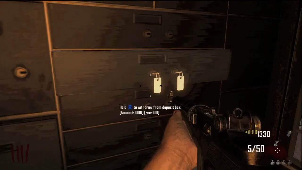 The withdraw key in the bank vault, prompt Hold to withdraw from deposit box, Amount 1000, Fee 100 in TranZit, Call of Duty Black Ops II Zombies