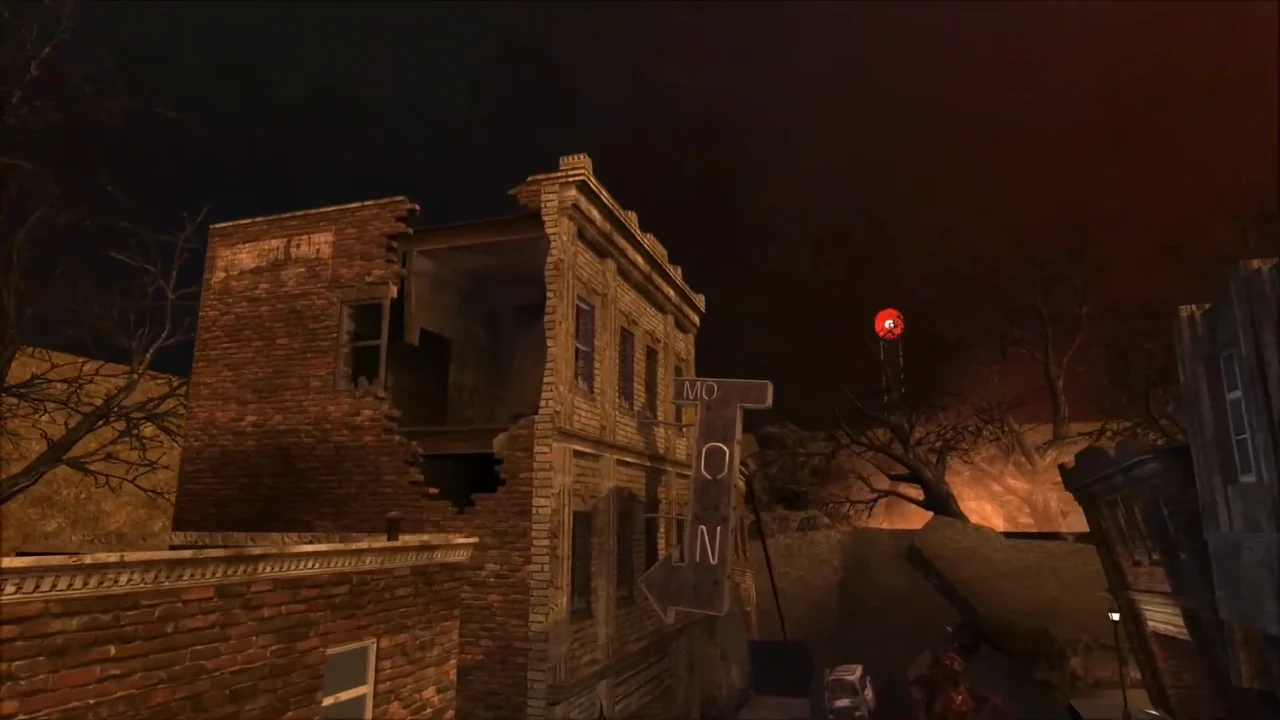 Town seen intact in a sniper scope reflection, as it was before Moon in TranZit, Call of Duty Black Ops II Zombies