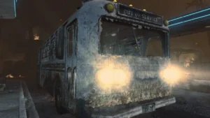 The TranZit bus, headlights on, OUT OF SERVICE on its sign in TranZit, Call of Duty Black Ops II Zombies