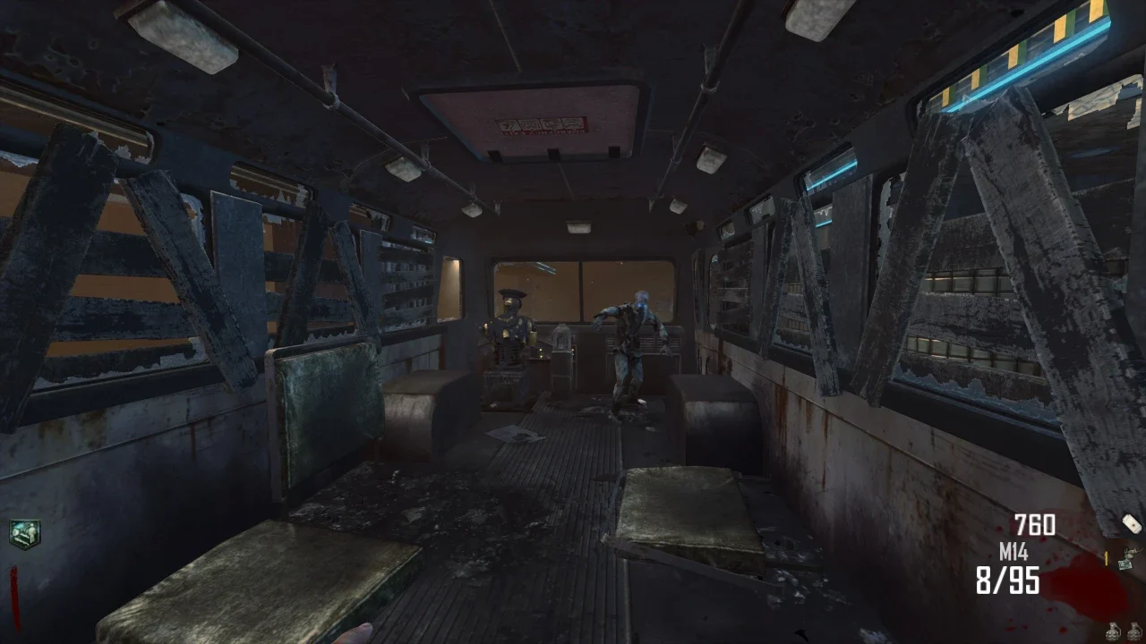 Inside the bus: boarded windows, seats and the driver at the far end in TranZit, Call of Duty Black Ops II Zombies