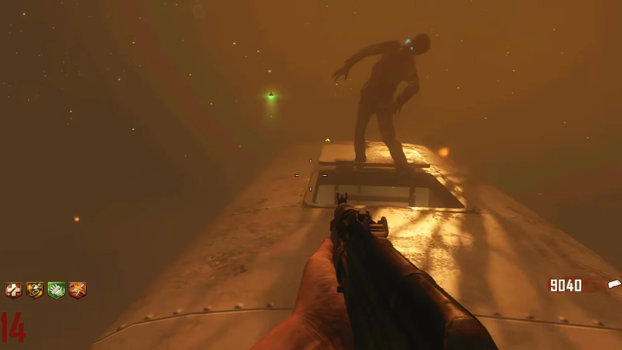 A zombie standing on the bus roof next to the hatch in TranZit, Call of Duty Black Ops II Zombies