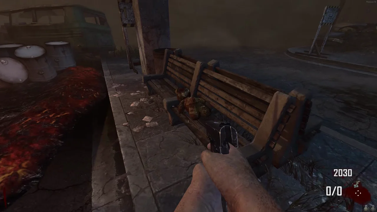 The first Carrion teddy bear on a bench outside the Bus Depot in TranZit, Call of Duty Black Ops II Zombies