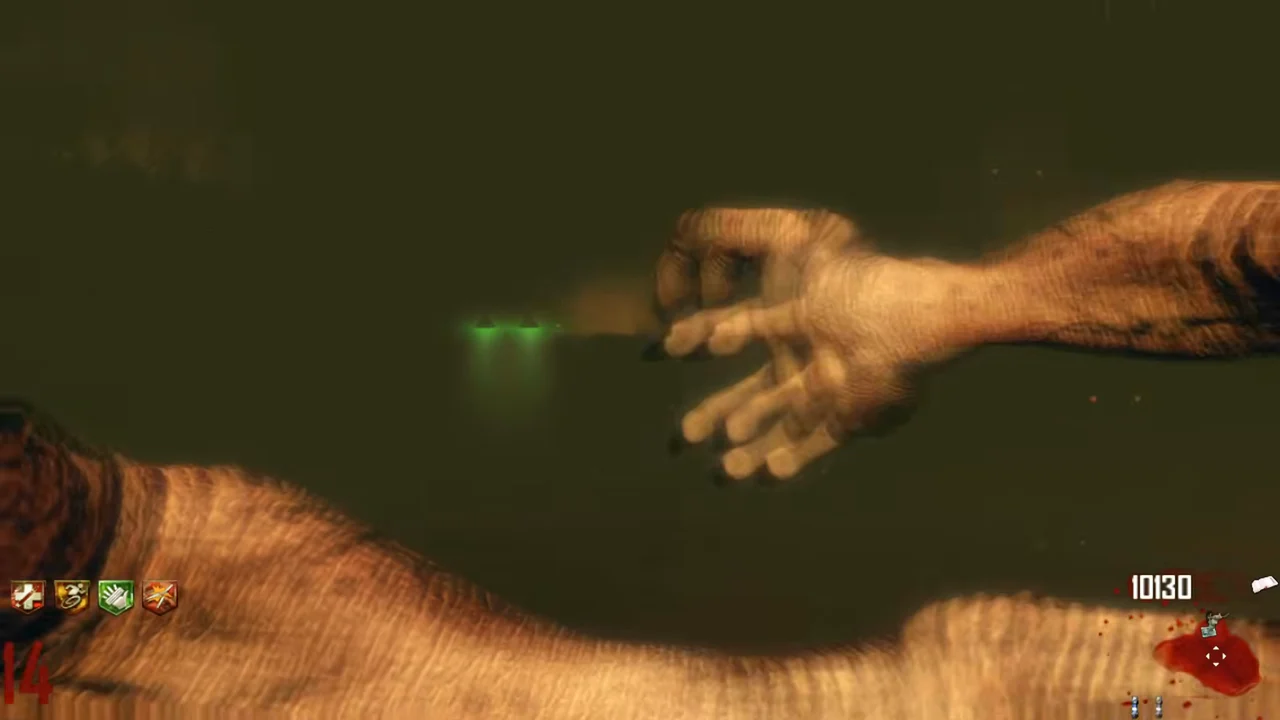 A Denizen latched on the head of the player, its claws across the screen in TranZit, Call of Duty Black Ops II Zombies