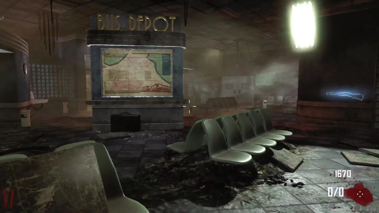 The depot hall with the Bus Depot sign, the route map and the waiting room seats at the Bus Depot in TranZit, Call of Duty Black Ops II Zombies