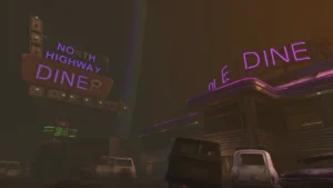 The North Highway Diner and its neon signs in the fog in TranZit, Call of Duty Black Ops II Zombies